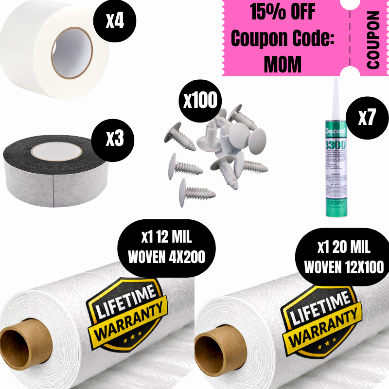 12 & 20 Mil Crawl Space Vapor Barrier Encapsulation Kit – 12 & 20 Mil Woven Barrier, 2,000 Sq. Ft., Vapor Barrier Tape, Sealant, Butyl Tape & Installation Fasteners Included image