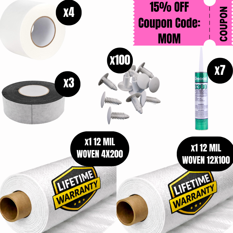 12 Mil Crawl Space Vapor Barrier Encapsulation Kit – 12 Mil Woven Barrier, 2,000 Sq. Ft., Vapor Barrier Tape, Sealant, Butyl Tape & Installation Fasteners Included image