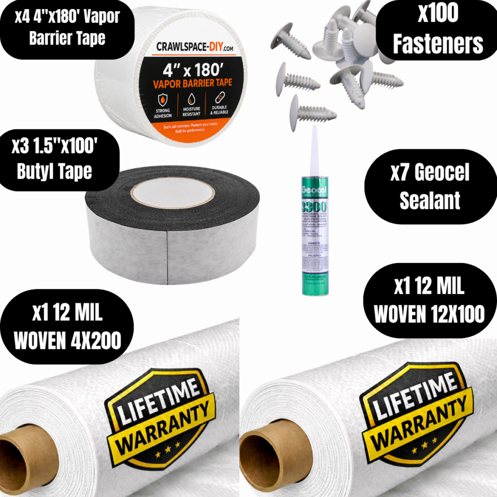 12 Mil Crawl Space Vapor Barrier Encapsulation Kit – 12 Mil Woven Barrier, 2,000 Sq. Ft., Vapor Barrier Tape, Sealant, Butyl Tape & Installation Fasteners Included image