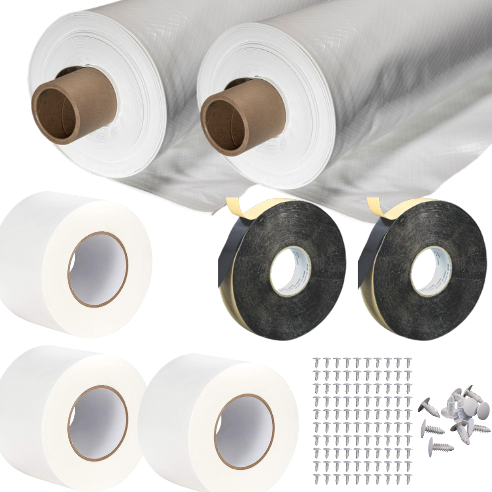2400 Sq. Ft. 12 Mil Vapor Barrier Encapsulation Kit – 2 Rolls of 12 Mil Woven Barrier 12'x100' Each, 3 Rolls Of Vapor Barrier Tape, 2 Rolls Of Butyl Tape & 100 Installation Fasteners Included image