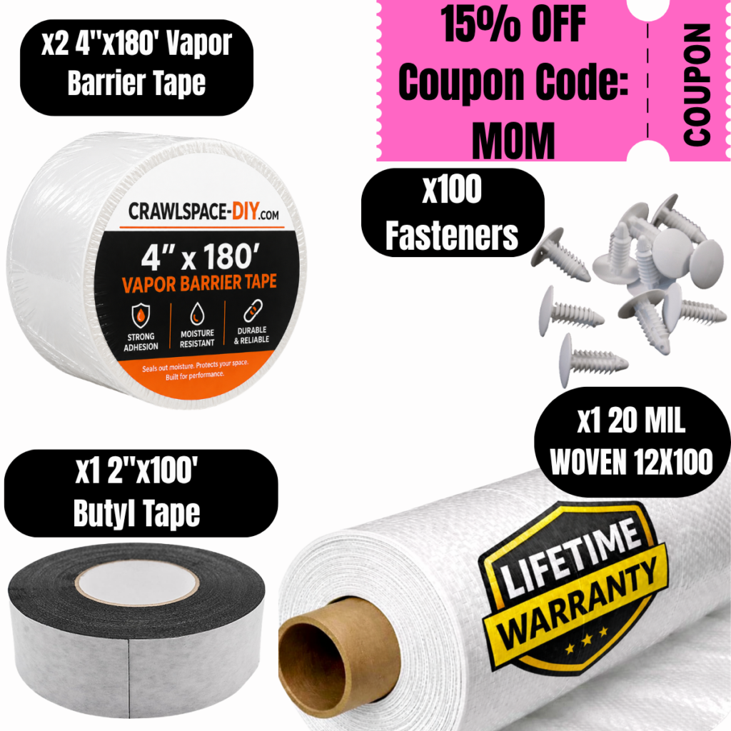 20 Mil Vapor Barrier Encapsulation Kit – 20 Mil Woven Barrier, 1,200 Sq. Ft., 2 Rolls Of Vapor Barrier Tape, 1 Roll Of Butyl Tape & 100 Installation Fasteners Included image