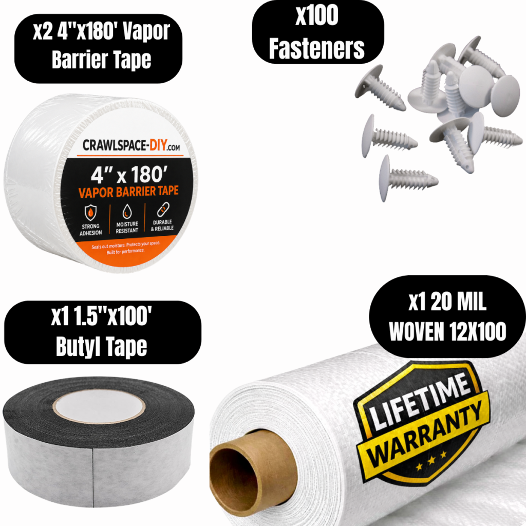 20 Mil Vapor Barrier Encapsulation Kit – 20 Mil Woven Barrier, 1,200 Sq. Ft., 2 Rolls Of Vapor Barrier Tape, 1 Roll Of Butyl Tape & 100 Installation Fasteners Included image
