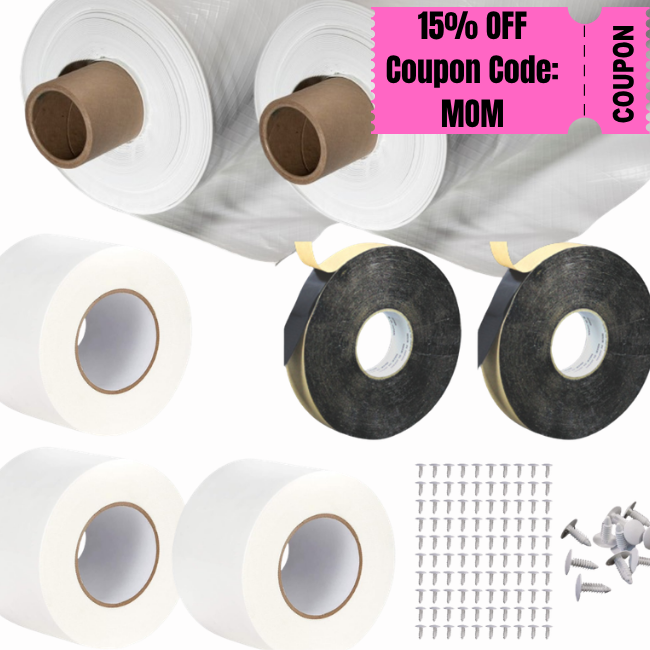 2400 Sq. Ft. 12 Mil Vapor Barrier Encapsulation Kit – 2 Rolls of 12 Mil Woven Barrier 12'x100' Each, 3 Rolls Of Vapor Barrier Tape, 2 Rolls Of Butyl Tape & 100 Installation Fasteners Included image