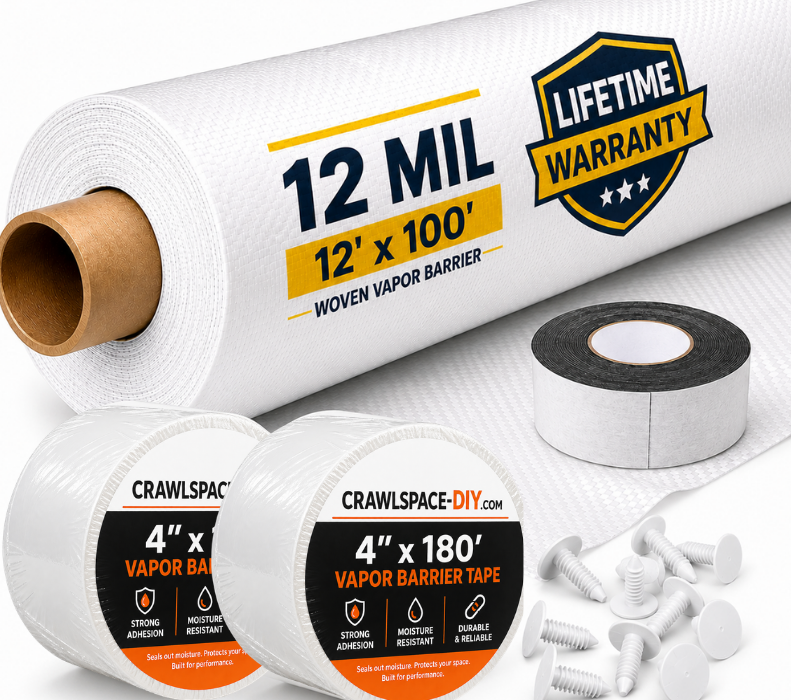 12 Mil Vapor Barrier Encapsulation Kit – 12 Mil Woven Barrier, 1,200 Sq. Ft., 2 Rolls Of Vapor Barrier Tape, 1 Roll Of Butyl Tape & 100 Installation Fasteners Included image