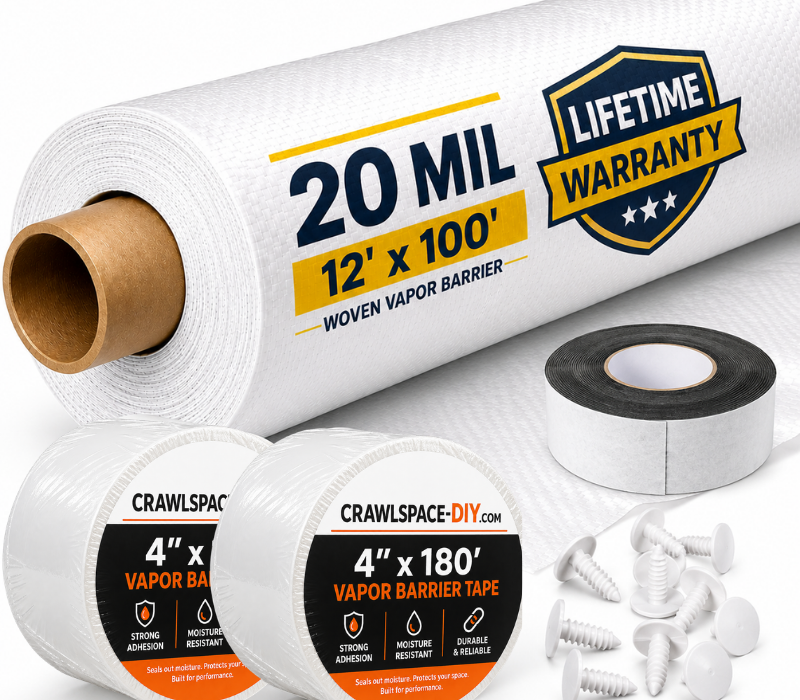 20 Mil Vapor Barrier Encapsulation Kit – 20 Mil Woven Barrier, 1,200 Sq. Ft., 2 Rolls Of Vapor Barrier Tape, 1 Roll Of Butyl Tape & 100 Installation Fasteners Included image